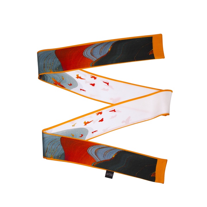 Esarfa Zefir Alb, matase, ingusta, dubla fata, imprimeu "Asian Birds"