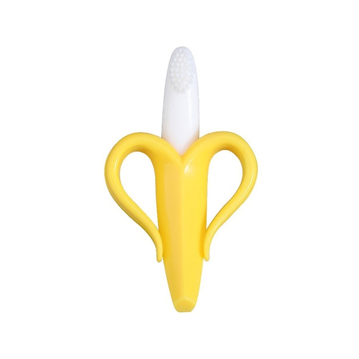 2 az 1-ben Fogzási játék csecsemőknek, Commando Kids, fogantyúval, extra finom kefék, nem mérgező szilikon, szagtalan, banánmodell, sárga