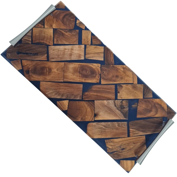 Platou Servire Handmade Model Caramida din Lemn de Nuc cu Rasina Epoxidica Albastra