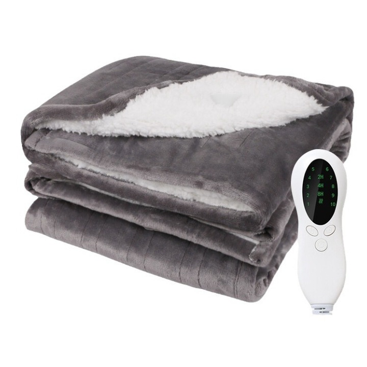 Електрическо одеяло, 127 х 152 см, Charmorah, 130 W, със защита срещу прегряване, меко и приятно на допир, с таймер и 10 степени на нагряване, може да се пере, сив