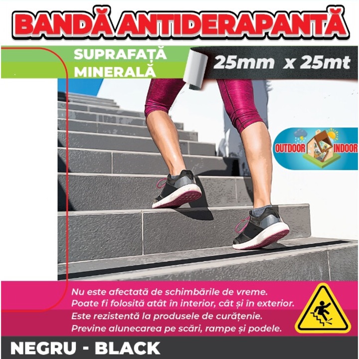 Banda antialunecare, auto-adeziva, neagra, 2.5cm x 25m