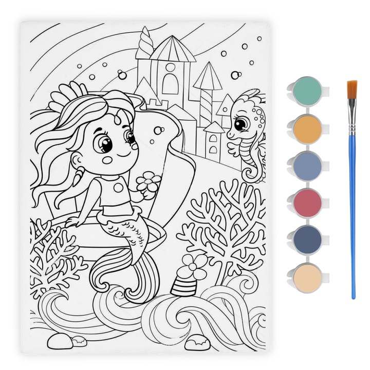 Carte De Colorat Pentru Copii, Imagine Sirena, Artmaker, 30x40 cm, Set Cu Vopsele Si Pensula, Usor De Realizat, Stimuleaza Creativitatea, Cadou Ideal, Pentru Decorul Camerei, Activitate Relaxanta, Gata De Agatat