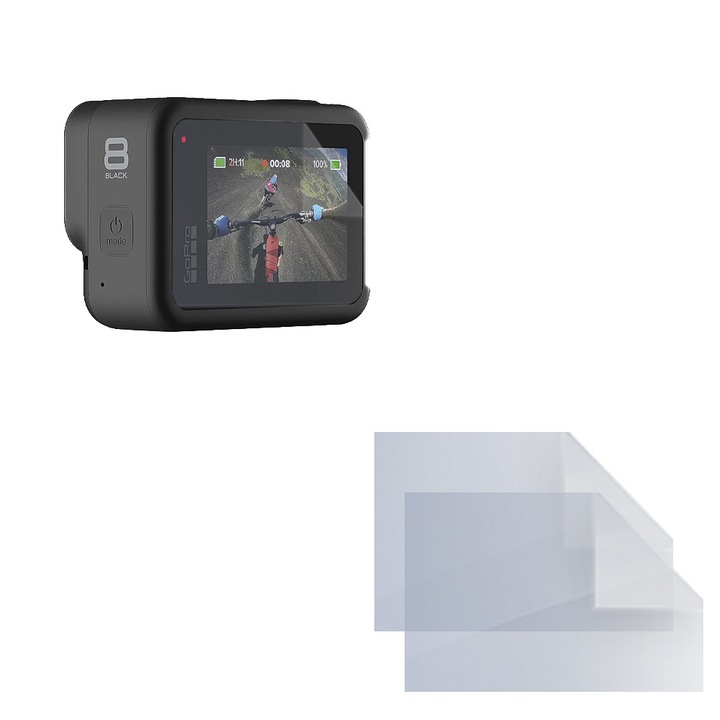 Set protectie compatibil cu GoPro Hero 8 Black, COMANDO Focus Shield, 2 Folii de Silicon Rezistente pentru Ecran, Anti-Reflexie, Anti-zgarieturi, Proprietati Regenerabile, Protectie Anti-Amprente, Aplicare usoara, Transparent