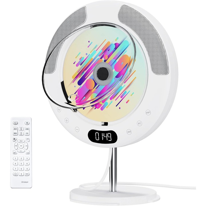 Преносим CD плейър, WALALLA, Bluetooth, FM радио, опалово бяло, със скоба за стенен монтаж