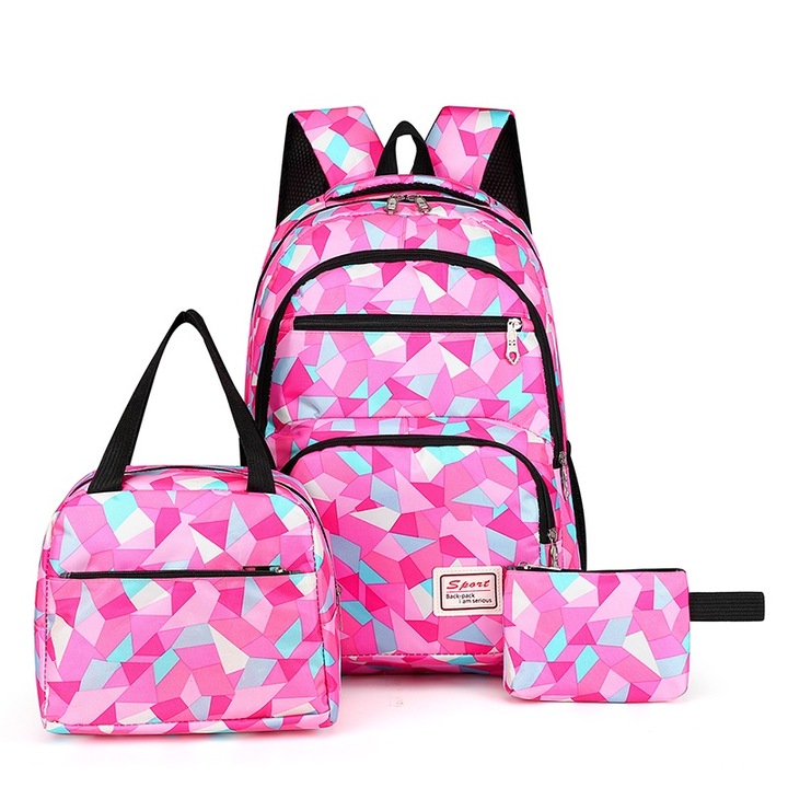 Set de 3 rucsacuri pentru studenti, XYXBEBAO, model geometric, roz si verde