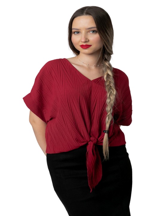 Bluza visinie casual cu aspect texturat si nod in talie, Visiniu, One Size