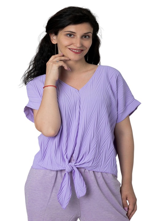 Bluza lila casual cu aspect texturat si nod in talie, Lila, One Size