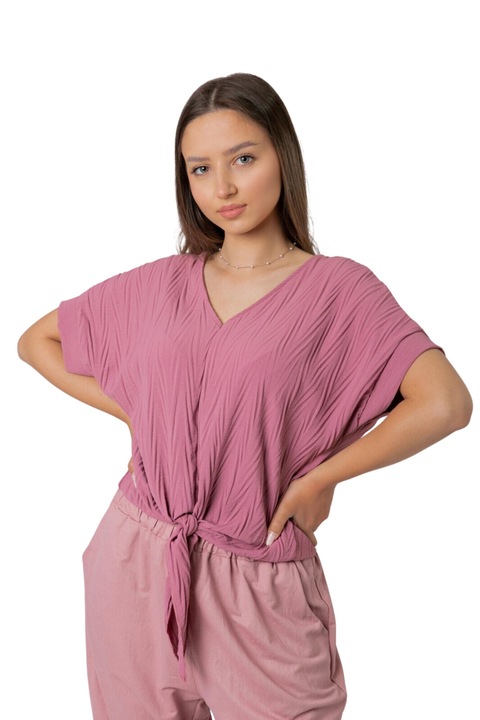 Ежедневна розова блуза с текстурирана визия и възел на талията, Розово, One Size