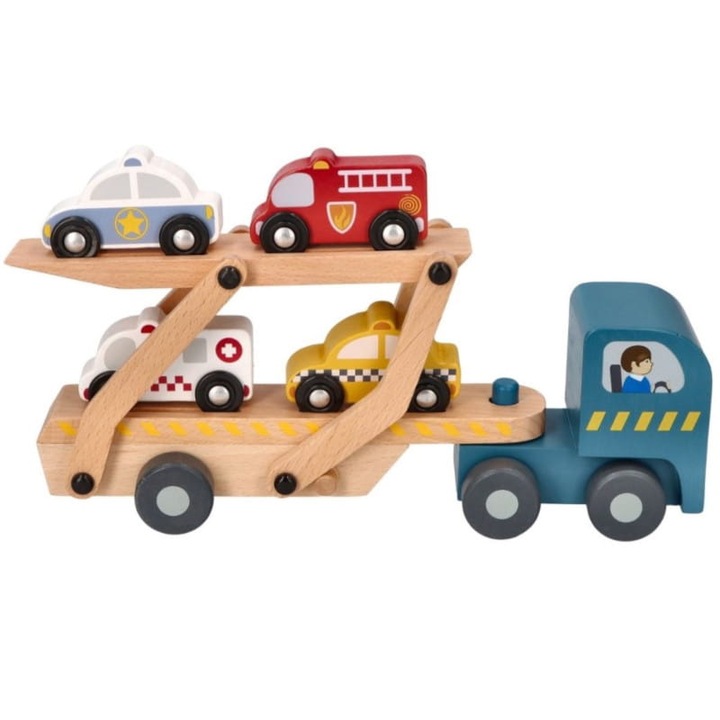Vontató és 4 db Adam Toys autó készlet, fa, tarka