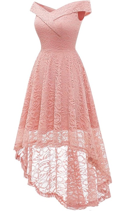 Rochie eleganta dama, HomRain, cu umeri goi, dantela, Roz pastel, M