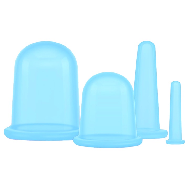 Set 4 Ventuze cu Maner din Silicon, Vitolog, Albastru, Silicon, pentru Masaj Facial si Corporal, Terapeutice, Anticelulita, Relaxare