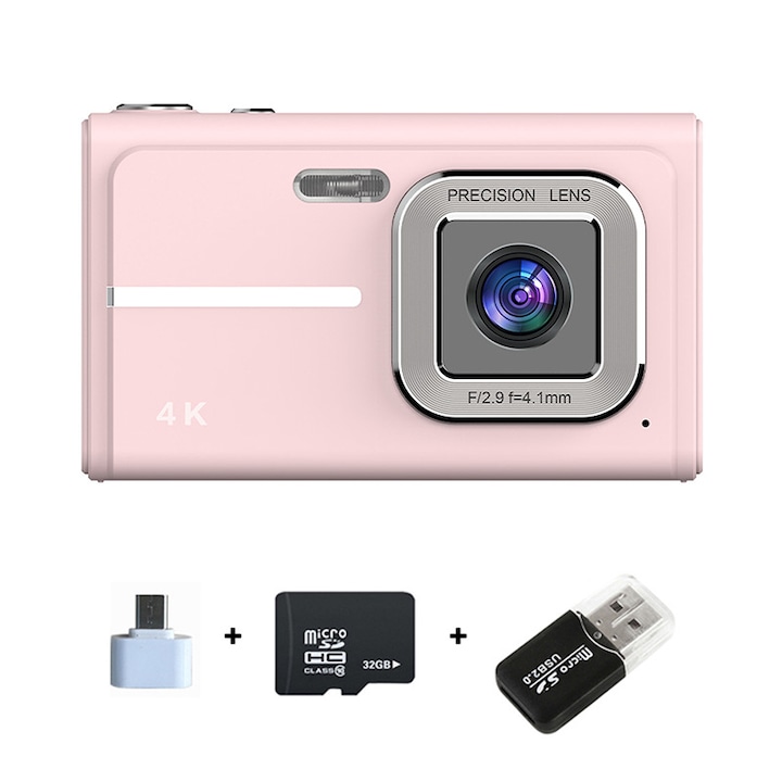 Aparat foto digital, 5K, 64 GB, zoom 18x, ecran HD de 2, 8 inci, ecran rabatabil la 180°, focalizare automata, blit incorporat, baterie de 1000 mAh, incarcare prin USB, potrivit pentru elevi si incepatori, alb