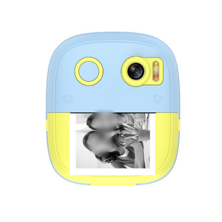 Camera digitala pentru copii cu card de memorie de 32G, cititor de carduri USB, 3 role de hartie de imprimare, doua camere frontale si spate, jocuri puzzle incorporate, redare de muzica, zoom 8x, cronometru cu 3 viteze, albastru