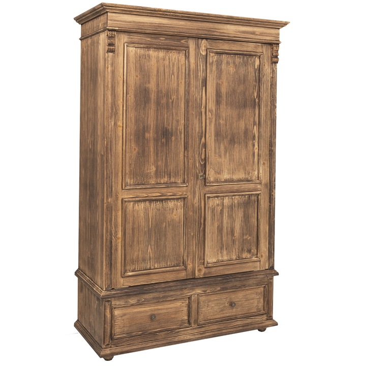 Dulap cu 2 usi si 2 sertare, culoare maro P064, periat adanc, 100% lemn masiv, 128x206x62 cm