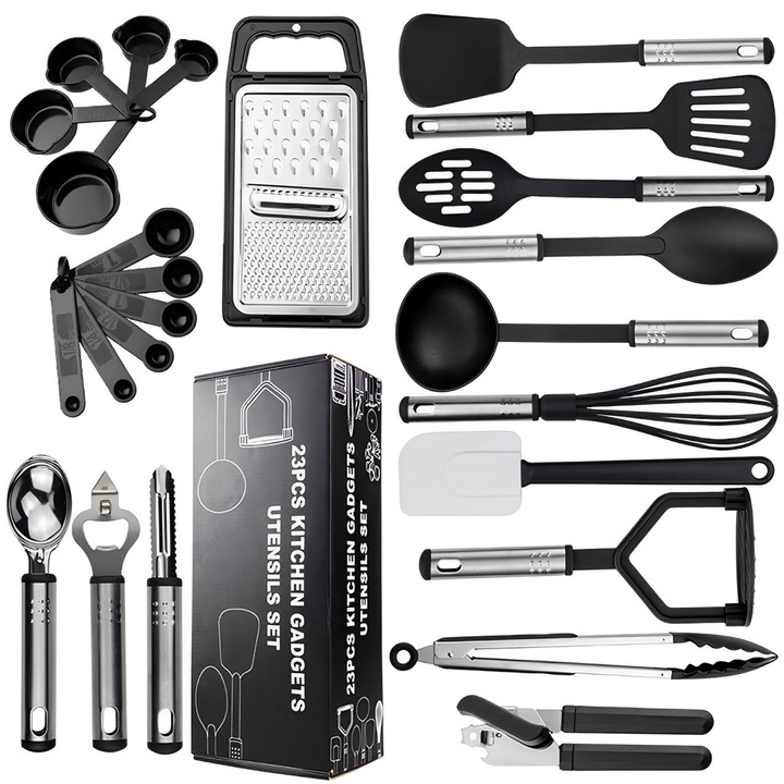 Set ustensile de bucatarie, 25 piese, nylon, rezistente la caldura, usor de curatat, negru argintiu