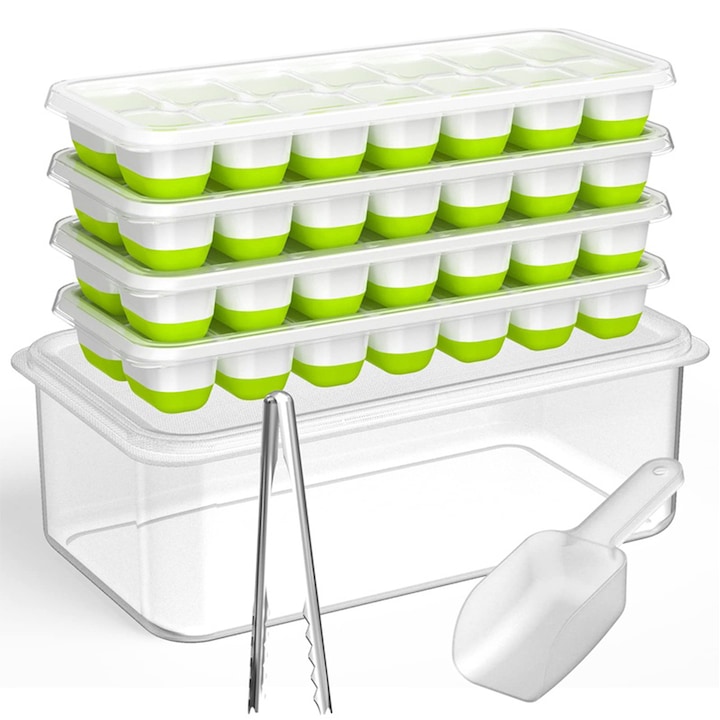 Set cuburi de gheata din silicon din 7 piese, 4 tavi pentru gheata, lopata pentru gheata, cleste pentru gheata, cu cutie de depozitare, 56 cuburi de gheata, verde clar