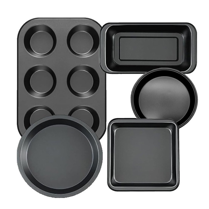 Set 5 forme de copt, otel carbon, antiaderent, rezistent la temperaturi de pana la 210C, negru