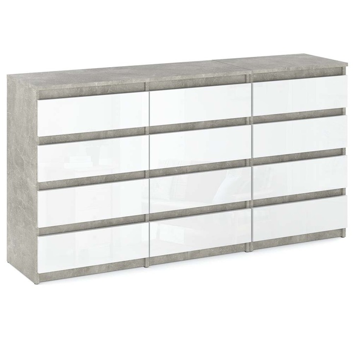 Komód, Stiv-Meble, HIT Z84_BEBP modell, 12 tágas fiókkal, modern design, masszív felépítés, tökéletes bármilyen enteriőrbe, egyszerű összeszerelés, méretek 180 x 33.5 x 92.5 cm, laminált lap, beton/fényes fehér