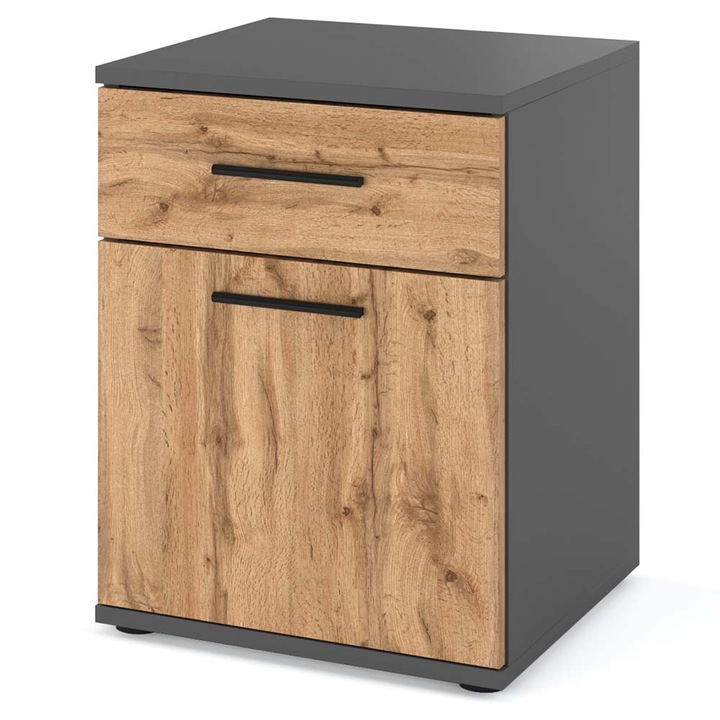 Noptiera, Stiv-Meble, Ola 1D1S, SZNO_SZMWO, 40x40.5x52 cm, 1 Sertar, Prelucrare de inalta calitate, Atentie la detalii, Constructie robusta, Tip de mobilier: in picioare, 1 Sertar, 1 Usa, Asamblare: mobilier neasamblat, PAL/Aluminiu, Wotan/Gri mat