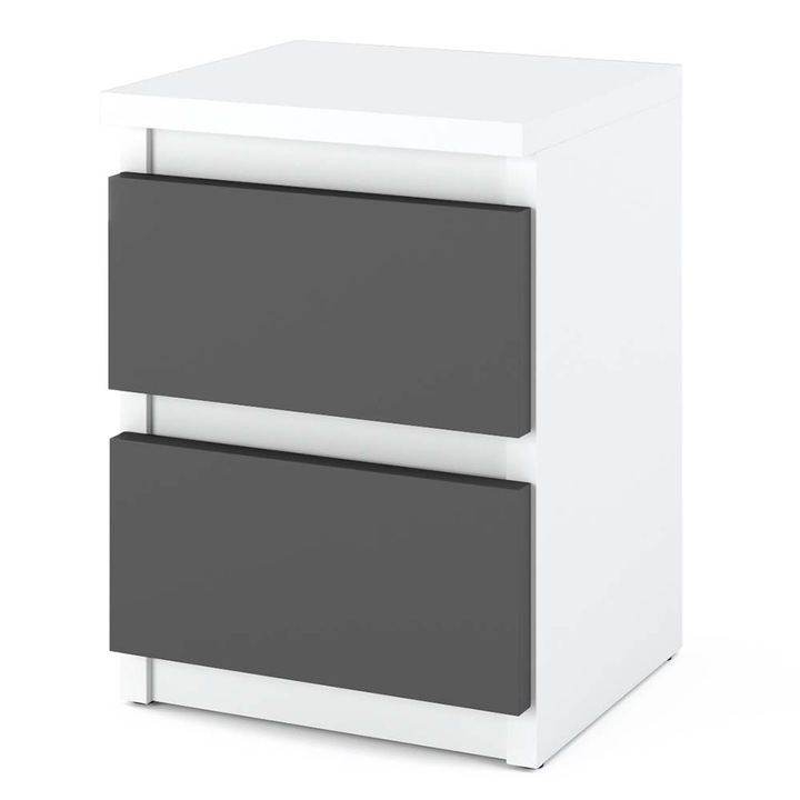 Noptiera, Stiv-Meble, HIT, SZNH_BMSZM, 30x30x40 cm, 2 Sertare, Prelucrare de inalta calitate, Atentie la detalii, Constructie robusta, Tip de mobilier: in picioare, 2 Sertare, Asamblare: mobilier neasamblat, PAL, Gri mat/Alb mat