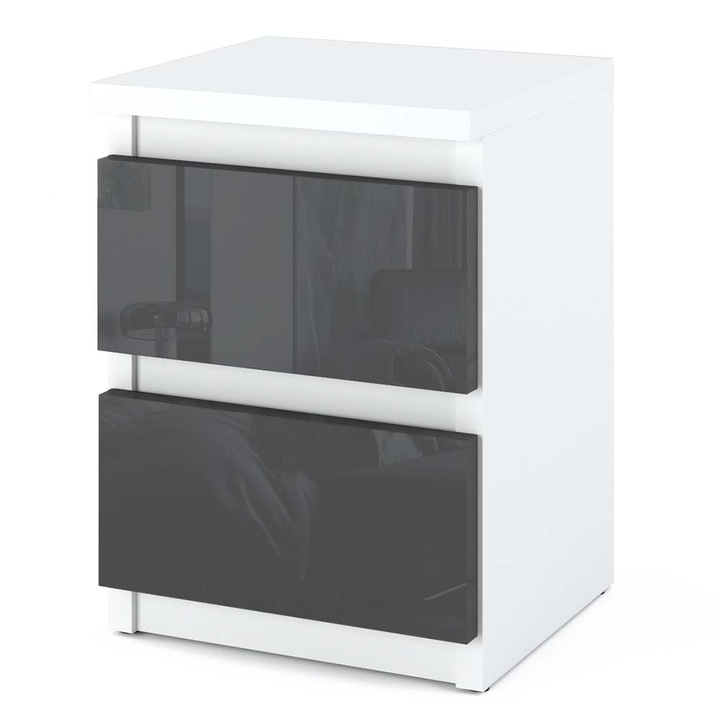 Noptiera, Stiv-Meble, HIT, SZNH_BMSZP, 30x30x40 cm, 2 Sertare, Prelucrare de inalta calitate, Atentie la detalii, Constructie robusta, Tip de mobilier: in picioare, 2 Sertare, Asamblare: mobilier neasamblat, PAL, Gri lucios/Alb mat