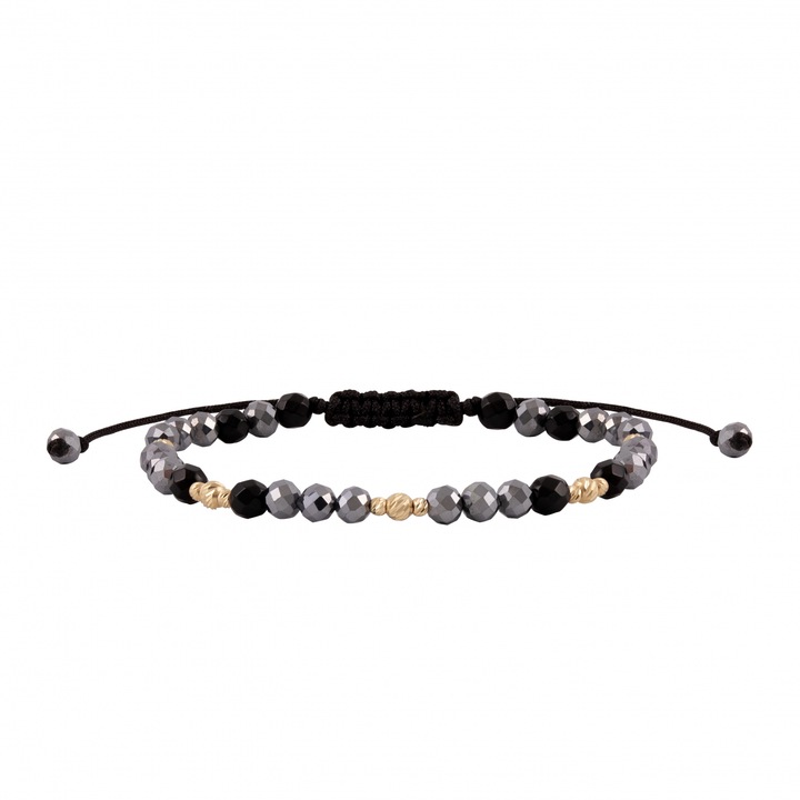 Bratara cu bile de Aur, Terahertz si Onix, pe snur Royalstone, marime 14-16.5 cm