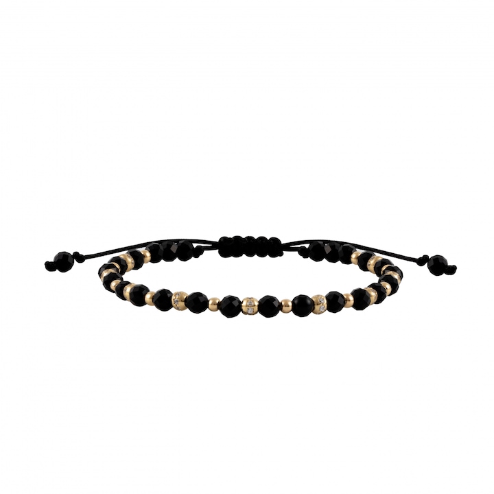 Bratara cu bile de Aur si Onix, bile cu Zirconiu alb, pe snur Royalstone, marime 17-19 cm