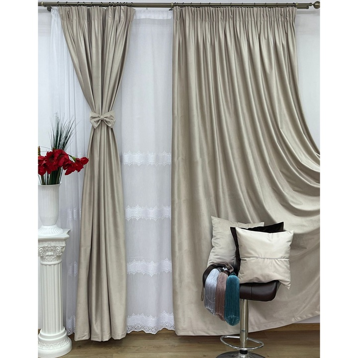 Set doua draperii catifea, culoare bej, colectia Velvet lux Beige Vegas Sand by Liz Line cu rejansa lata de 10cm tip creion, 2x200cmx245cm, plus bride de prindere stil papion - DR5012