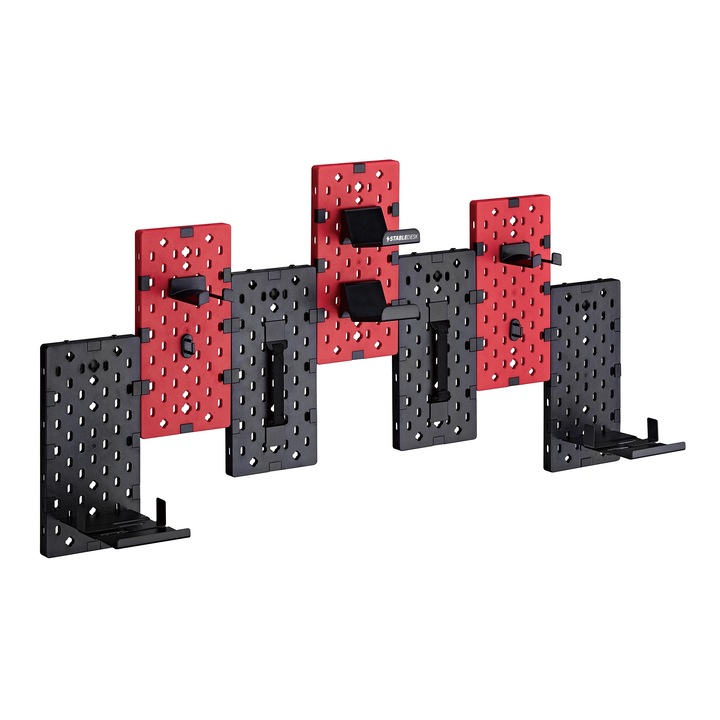 Suport de perete si rafturi Pegboard StableDesk, Suport Casti, Controller, Tastatura, Carti, Discuri si Cabluri, Modular, 7 piese, Compatibil Joystick Xbox, PS4, PS5, Gaming Negru / Rosu