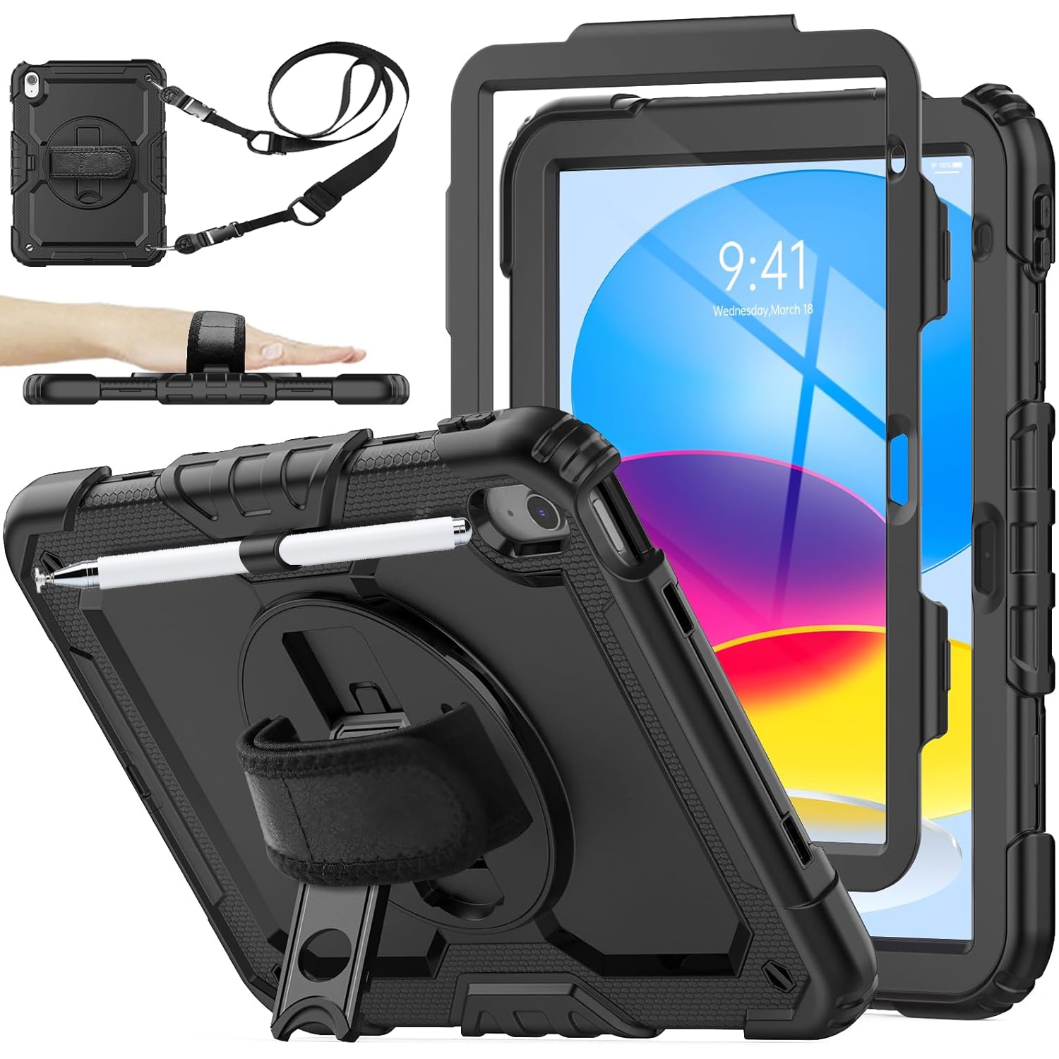 Husa Pentru iPad 10 Generatie De 10,9 inchi 2022, Rezistenta La Socuri, Cu Stilou Optic Universal (Nereincarcabil), Protectie Pentru ecran, Suport Rotativ, Curea De Umar, Negru