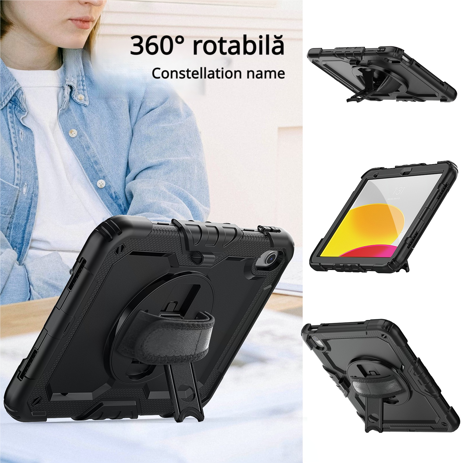 Husa Pentru iPad 10 Generatie De 10,9 inchi 2022, Rezistenta La Socuri, Cu Stilou Optic Universal (Nereincarcabil), Protectie Pentru ecran, Suport Rotativ, Curea De Umar, Negru