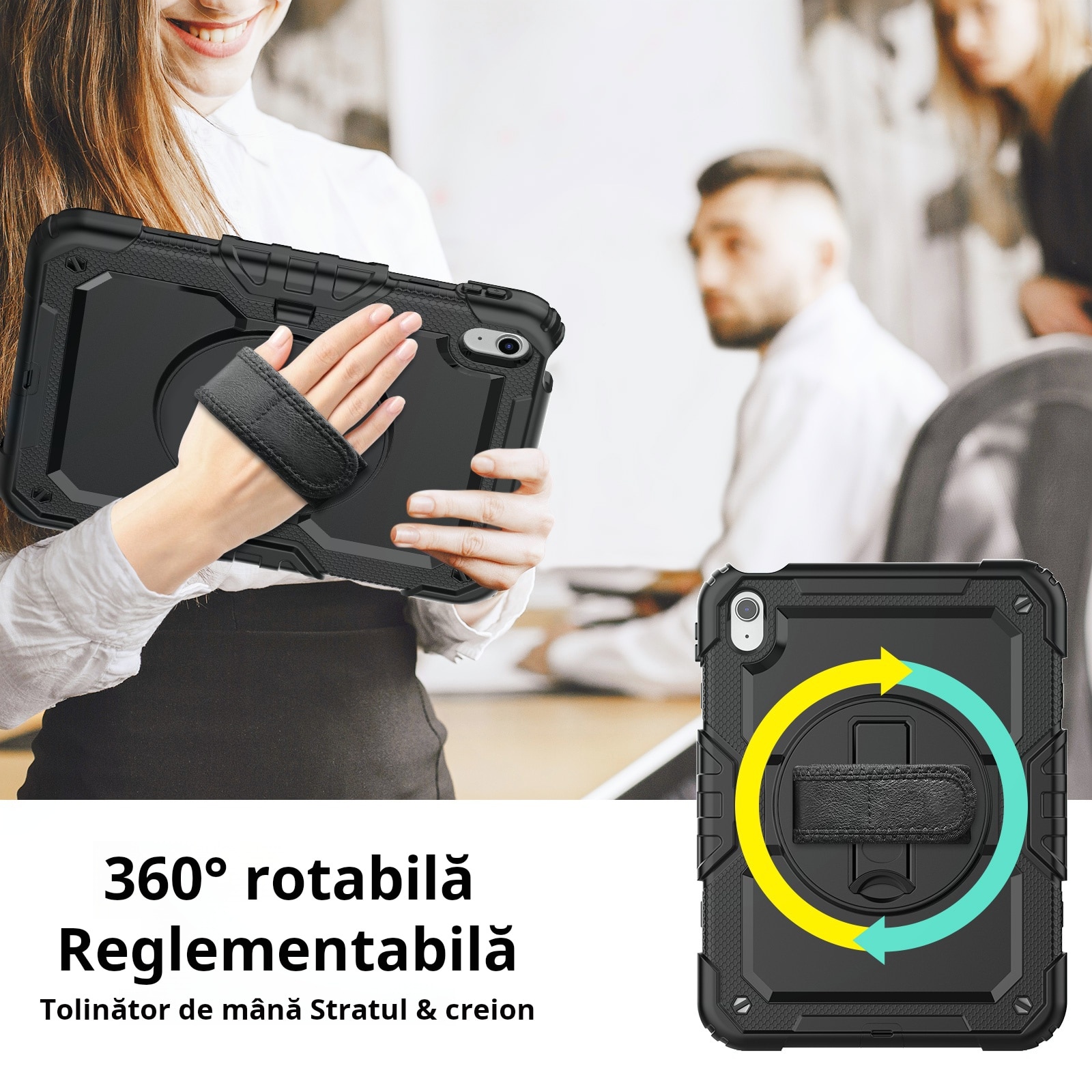Husa Pentru iPad 10 Generatie De 10,9 inchi 2022, Rezistenta La Socuri, Cu Stilou Optic Universal (Nereincarcabil), Protectie Pentru ecran, Suport Rotativ, Curea De Umar, Negru