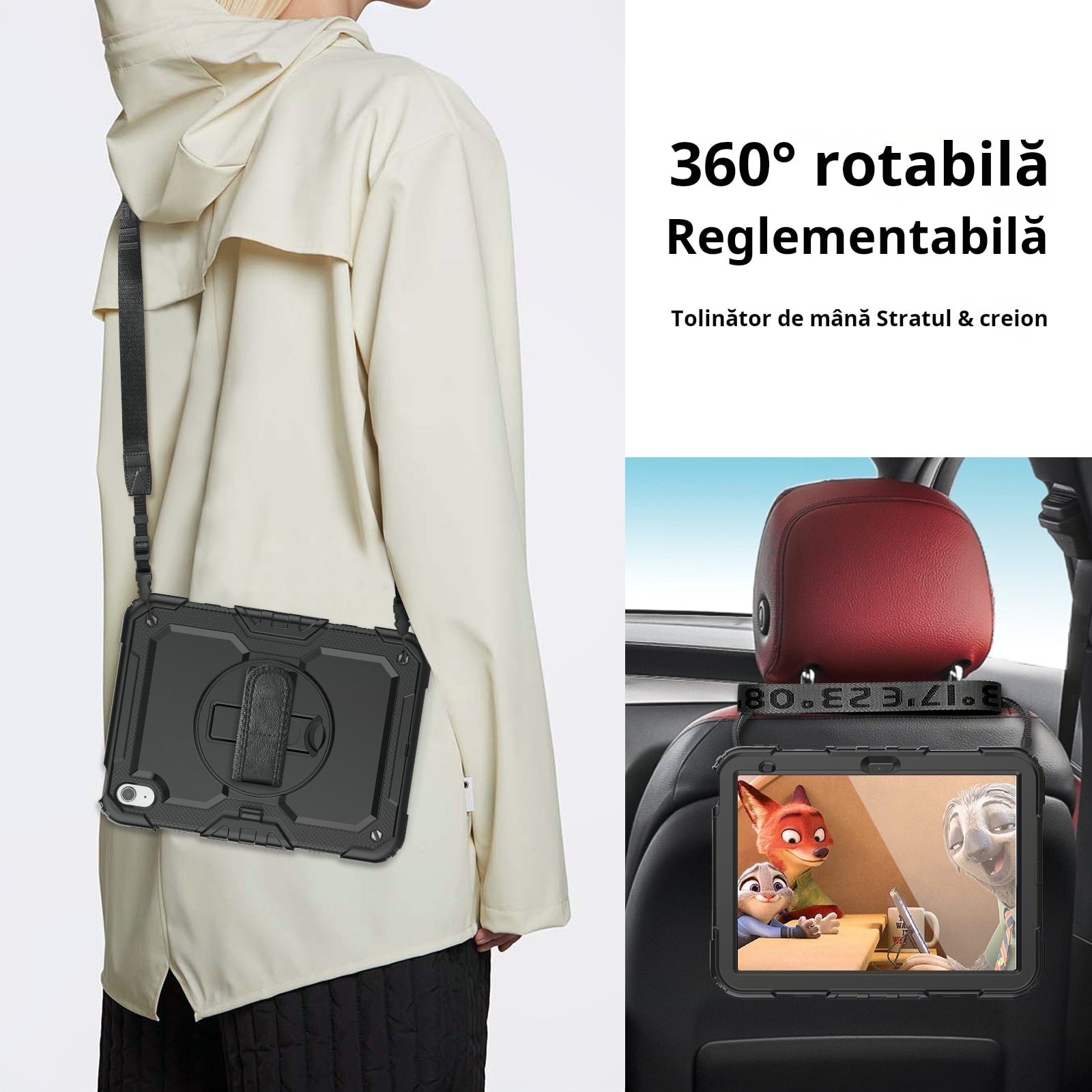 Husa Pentru iPad 10 Generatie De 10,9 inchi 2022, Rezistenta La Socuri, Cu Stilou Optic Universal (Nereincarcabil), Protectie Pentru ecran, Suport Rotativ, Curea De Umar, Negru