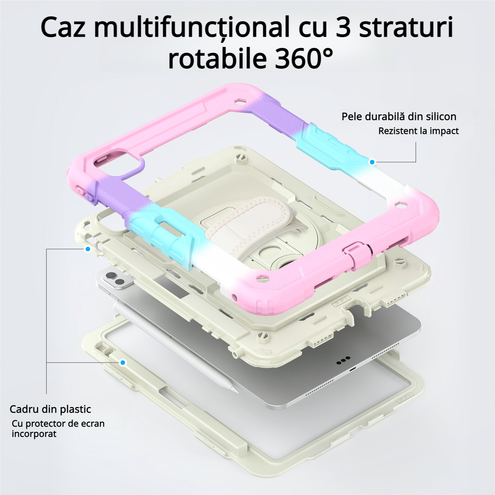 Husa Pentru iPad Pro 11 inch 2024 M4 Versiunea 5 Generatie Cu Stilou (Nereincarcabil) Protector De Ecran incorporat, Suport Rotativ La 360°, Curea De Umar Reglabila, Roz