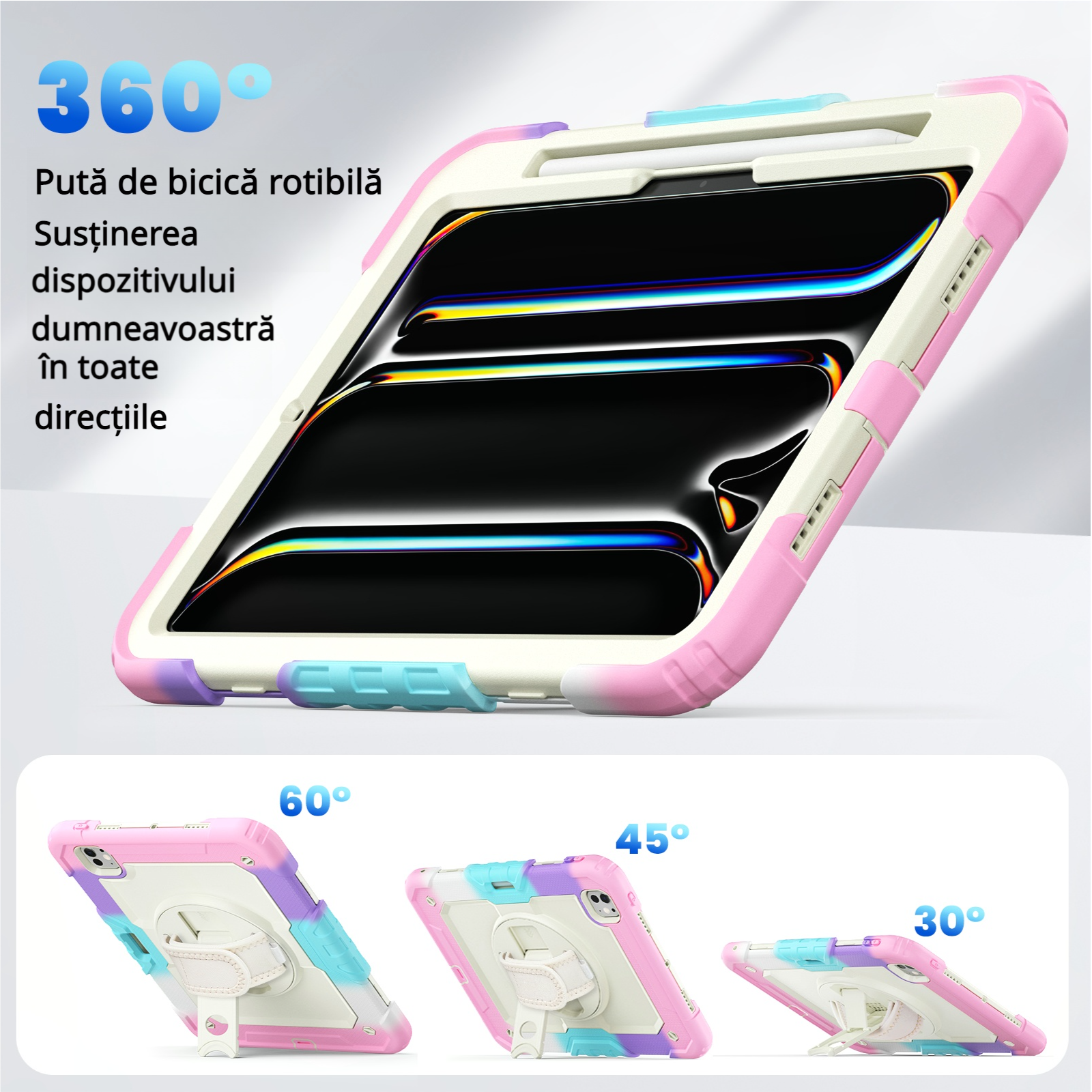 Husa Pentru iPad Pro 11 inch 2024 M4 Versiunea 5 Generatie Cu Stilou (Nereincarcabil) Protector De Ecran incorporat, Suport Rotativ La 360°, Curea De Umar Reglabila, Roz