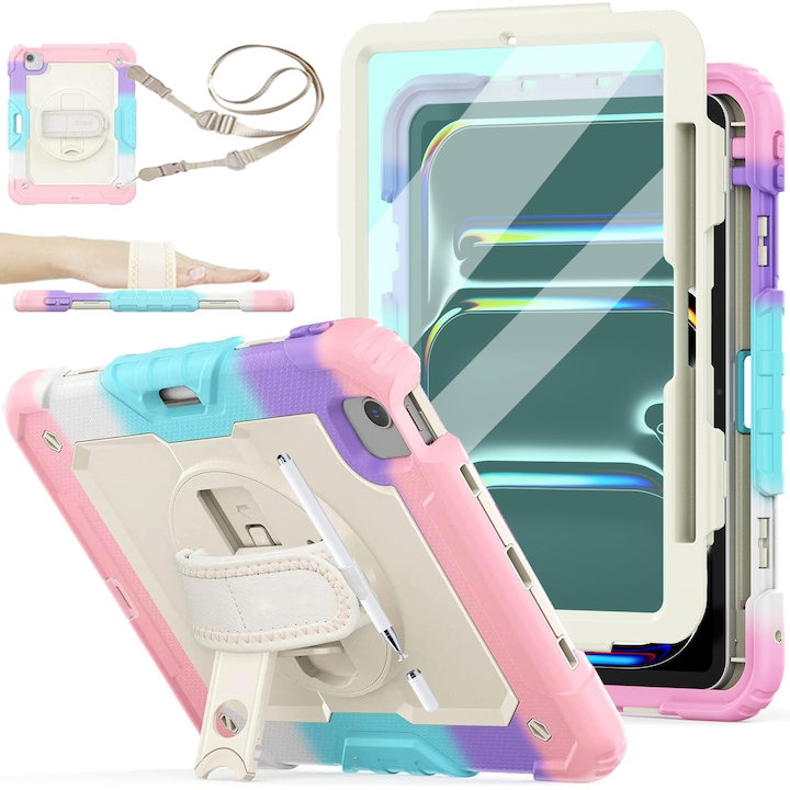 Husa Pentru iPad Pro 11 inch 2024 M4 Versiunea 5 Generatie Cu Stilou (Nereincarcabil) Protector De Ecran incorporat, Suport Rotativ La 360°, Curea De Umar Reglabila, Roz