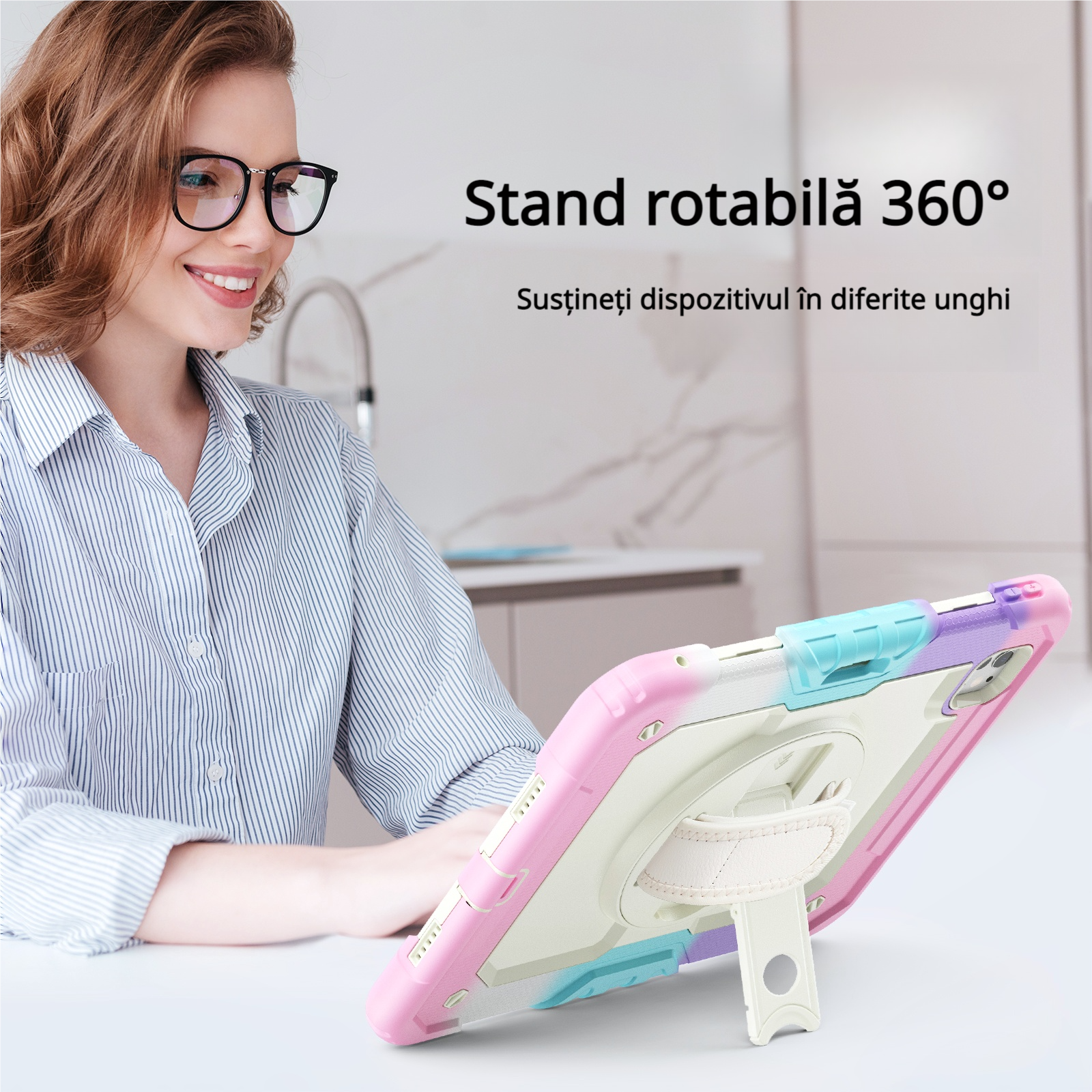 Husa Pentru iPad Pro 11 inch 2024 M4 Versiunea 5 Generatie Cu Stilou (Nereincarcabil) Protector De Ecran incorporat, Suport Rotativ La 360°, Curea De Umar Reglabila, Roz
