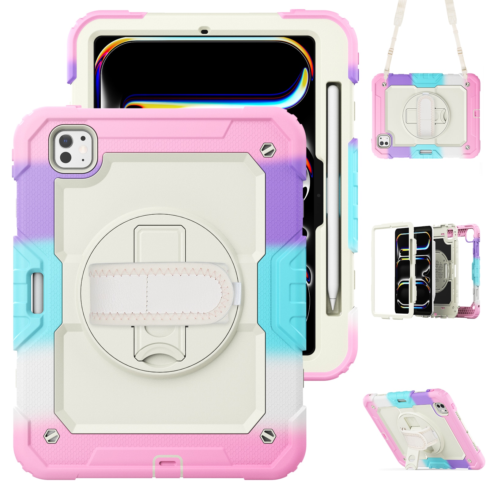Husa Pentru iPad Pro 11 inch 2024 M4 Versiunea 5 Generatie Cu Stilou (Nereincarcabil) Protector De Ecran incorporat, Suport Rotativ La 360°, Curea De Umar Reglabila, Roz