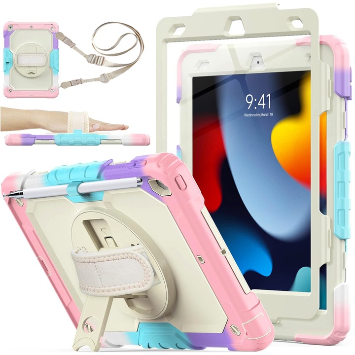 Калъф за iPad 9/8/7 поколение 10,2 инча, с универсална оптична писалка (не се презарежда), силна защита, протектор на екрана, каишка за ръка/рамо, въртяща се стойка, розов