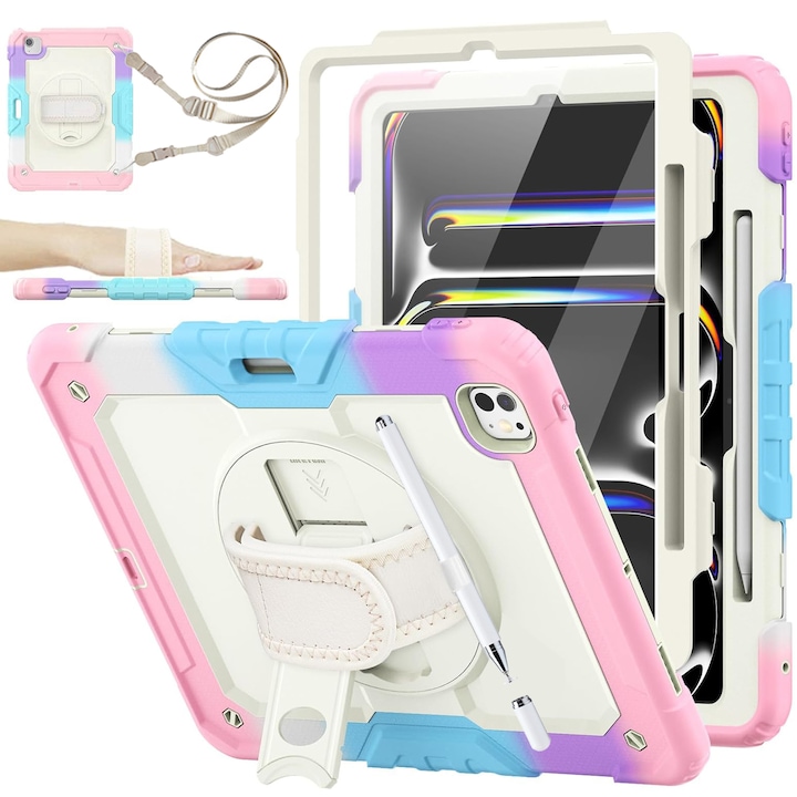 Tok iPad Pro 13 hüvelykes 7. generációs 2024 készülékhez, teljes testvédelemmel, univerzális optikai tollal (nem újratölthető), képernyővédő fólia, forgatható állvány, pánt, rózsaszín