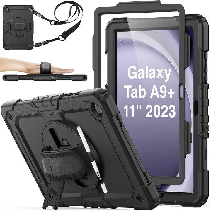 Husa Pentru Samsung Galaxy Tab A9+/ A9 Plus 11 inch 2023 (SM-X210/X216/X218), Cu Stilou Optic Universal (Nereincarcabil), Protectie Pentru Ecran/Curea De Mana/Suport Stilou, Rezistenta La Socuri, Negru