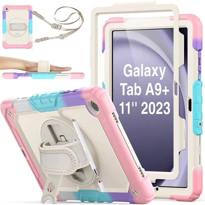 Калъф, Съвместим с Samsung Galaxy Tab A9+/ A9 Plus 11 инча 2023 (SM-X210/X216/X218), с универсална оптична писалка (не се презарежда), протектор за екран/каишка за ръка/държач за писалка, удароустойчив, розов