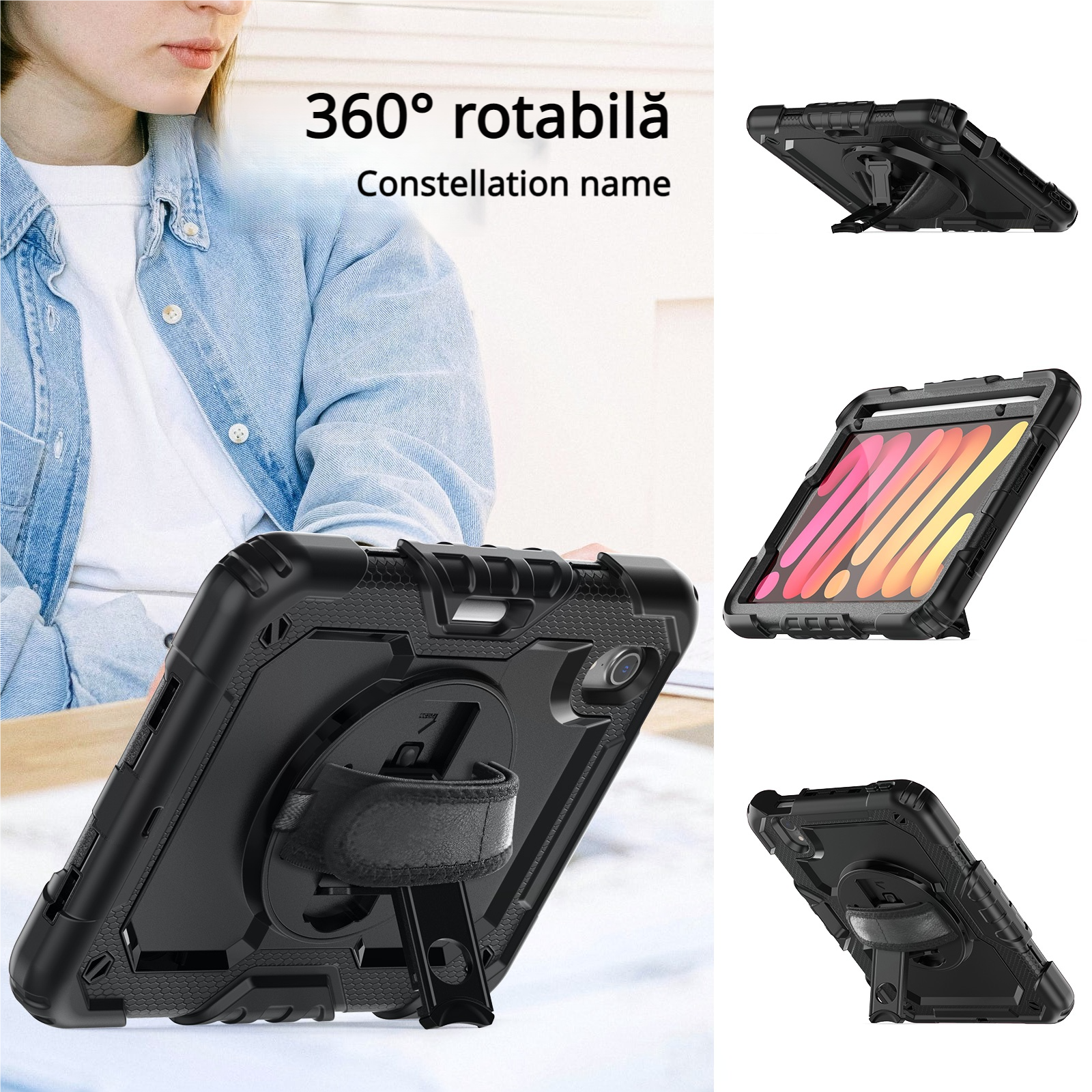 Husa Pentru iPad Mini 6 8.3 inchi (Model: A2567/A2568/A2569) Versiunea 2021, Cu Stilou Optic Universal (Nereincarcabil), Carcasa De Protectie Rezistenta La Soc, Rezistenta La Soc, Negru