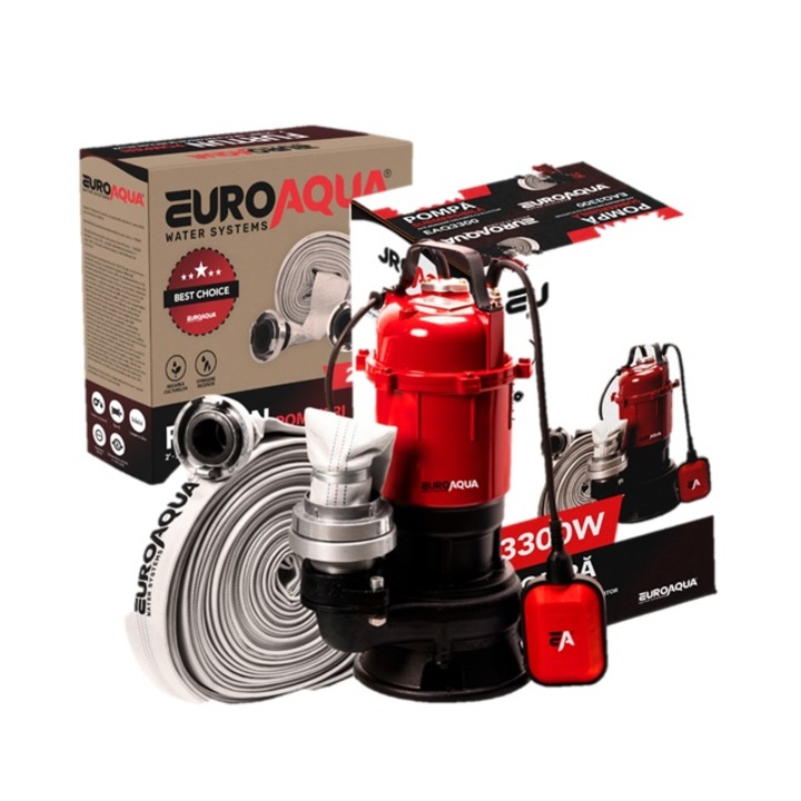 Pompa Apa Murdara WC, fosa, hazna cu PLUTITOR, EUROAQUA® 3300W, contine 30 metri furtun pompieri panzat 2" si accesorii prindere rapida