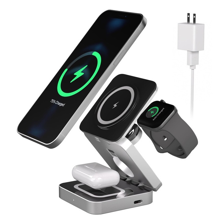 Statie de incarcare wireless 3-in-1, pliabila, magnetica, pentru iPhone 15/14/13/12, AirPods, Apple Watch, negru