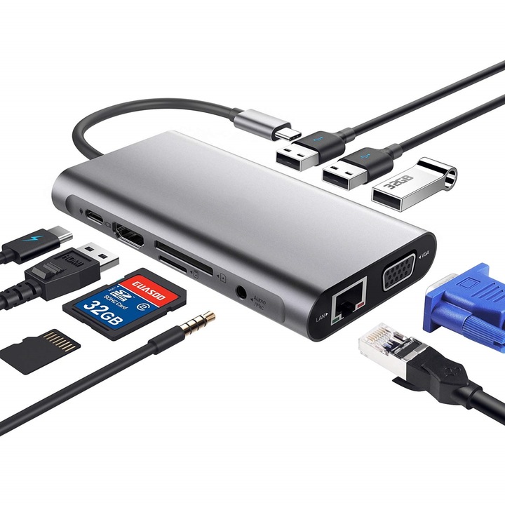 Hub 10 in 1 cu HDMI 4K, VGA 1080P, Ethernet RJ45, 3 USB 3.0, cititor SD/TF, audio 3.5mm, incarcare PD, argintiu