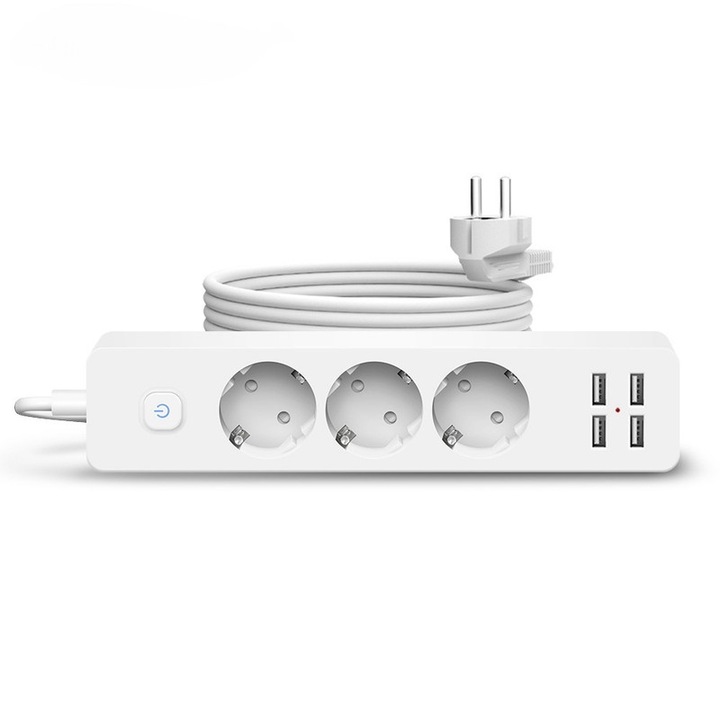 Удължител с 3 AC контакта и 4 USB порта, 2200W, кабел 1.5m, бял, 31x7.4x4.8cm
