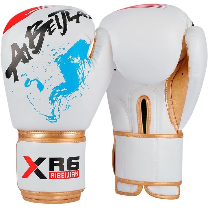 Manusi box, Piele PU/Captuseala din latex, 12oz, Rezistent la abraziune, absorbant de transpiratie si respirabil, Design cu velcro si design ergonomic, Usor de pus si de curatat, Alb