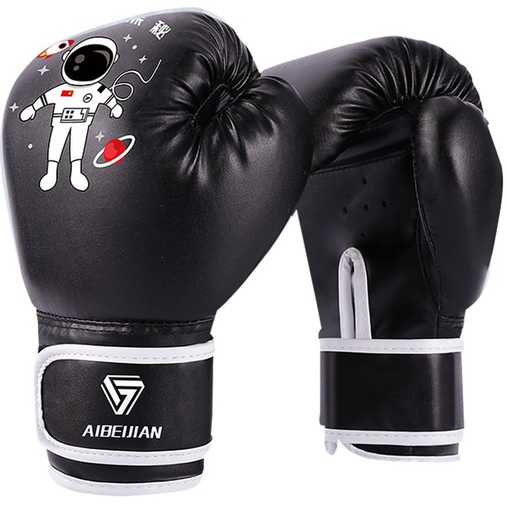 Детски боксови ръкавици, подплата от PU кожа/латекс, устойчиви на абразия, абсорбиращи потта и дишащи, велкро дизайн и ергономичен дизайн, лесни за поставяне и почистване, еластични, 6oz, черни