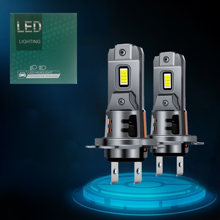 Set 2 becuri LED H7, 11000 Lumeni, 6500K, 12V, 55W, carcasa aluminiu, ventilator integrat